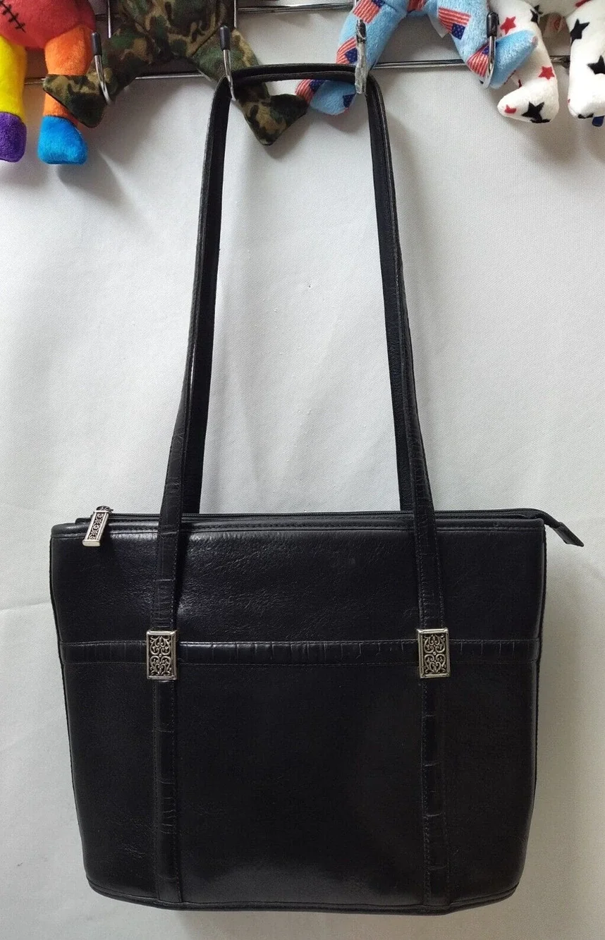 Brighton Black Leather Double Handle Zipper Satchel Shoulder Bag